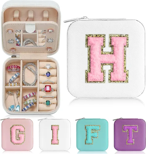 Parima Joyero para mujeres y niñas, joyeros con inicial H Joyero pequeño Joyeros para ella Regalos de viaje para mujeres y niñas - Letra H, blanco