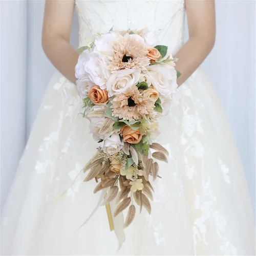 Miniatura 10 de Ramos de boda para novia, ramo en cascada para novia, boda, flores artificiales, ramo romántico rústico de boda (ramo naranja champán)