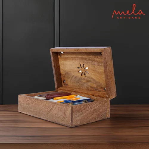 Miniatura 7 de Mela Artisans Caja de recuerdo de madera Memoria de madera de mango quemado Caja de almacenamiento de fotos con tapa con bisagras Caja