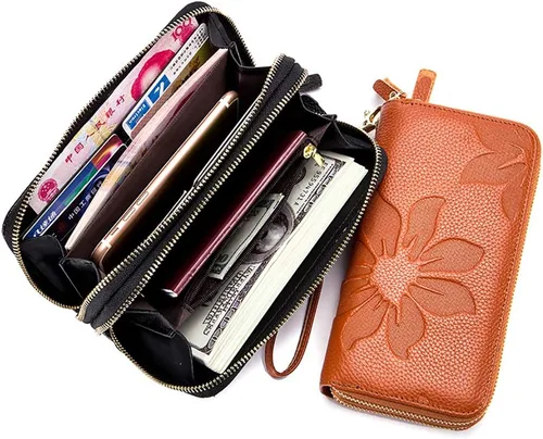 Miniatura 4 de Cartera de cuero para mujer con bloqueo RFID, bolsillo para teléfono inteligente con doble cremallera,Ranuras para efectivo de gran capacidad