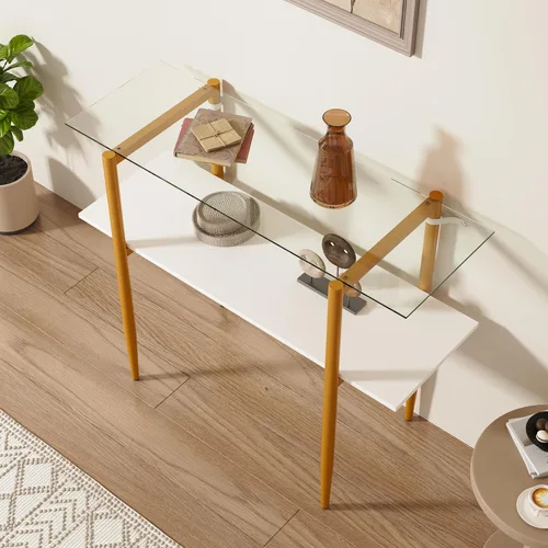 Furnify Mesa de sofá de vidrio, mesa de entrada de estilo moderno de mediados de siglo con vidrio templado y patas doradas, mesa de 2 niveles detrás