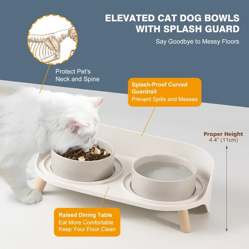 Miniatura 3 de Juego de Cuencos Elevados de Cerámica para Gatos - Platos Dobles Elevados para Alimentos y Agua - Base Antideslizante y Resistente a Salpicaduras