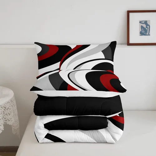 Miniatura 4 de Juego de edredón de rayas rojas y negras, juego de ropa de cama tamaño King con ondas circulares abstractas, geométrico, espiral, acolchado, 3 Multi