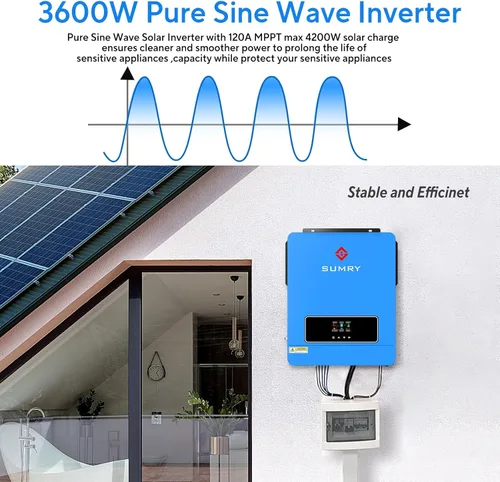 Miniatura 3 de Inversor y Cargador Solar SUMRY, 3600W CC 24V a CA 110V Convertidor de Voltaje Híbrido con Controlador de Carga MPPT de 120A, Energía Pura de Onda