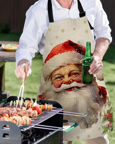Miniatura 5 de Christmas Bib Aprons with Pockets Waterproof, Adjustable Apron for Men Women Xmas Santa Berry Botanical Winter Snowflake