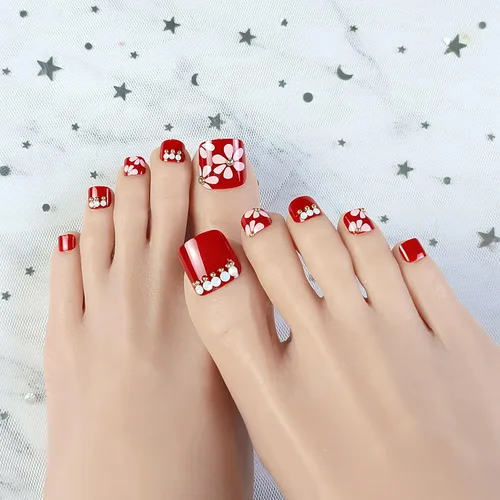 Miniatura 13 de Uñas postizas acrílicas artificiales negras para los dedos de los pies, ataúd a presión con diseños de flores blancas, uñas postizas reutilizables