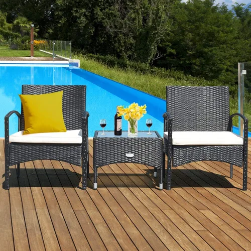 Miniatura 4 de Tangkula Juego de 3 muebles de mimbre para patio, silla de ratán con mesa auxiliar, juegos de conversación de alta carga para patio, jardín, césped