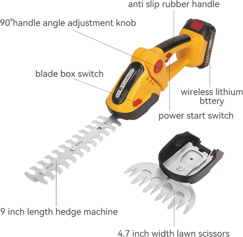 Miniatura 2 de TOOVEM - Cortasetos inalámbrico 2 en 1 con 2 baterías recargables y cargador, cortador eléctrico de 24 V para jardín, césped (amarillo)