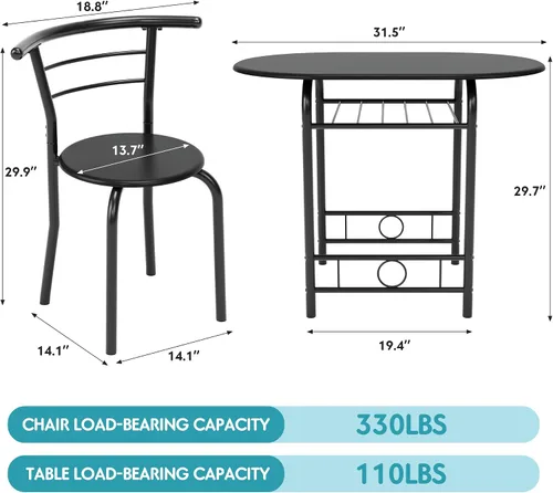Miniatura 7 de Flamaker Mesa de comedor para 2, juego de mesa redonda y sillas de 3 piezas, mesa de cocina pequeña para desayuno, mesa de grano de madera y estante