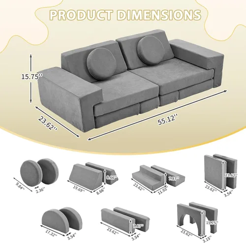 Miniatura 3 de Karl home Sofá infantil de 14 piezas, sofá modular para niños, sofá multifuncional de espuma para niños, escalada y relajación, sofá convertible gris