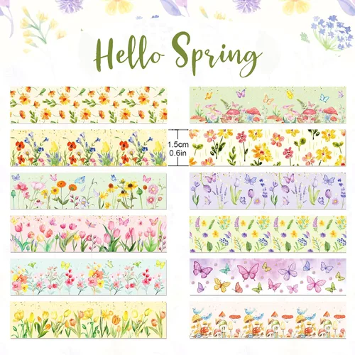 Miniatura 2 de Adirasenotek Juego de 12 rollos de cinta washi floral, diseño de flores de mariposa, calcomanías decorativas de papel decorativo, manualidades