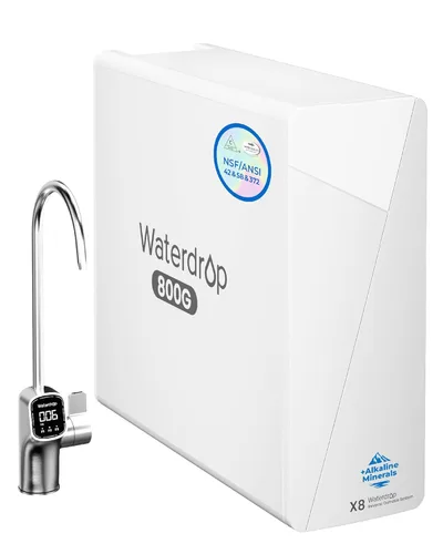 Waterdrop X8-Alkaline Mineral pH+ Sistema de ósmosis inversa sin tanque, Certificado NSF/ANSI 42&58&372, Filtro de agua RO de 800 GPD, Sistema de