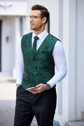 Miniatura 5 de COOFANDY Conjunto de 3 piezas de chaleco de cachemira para hombre, chaleco formal, chaleco esmoquin con bolsillo cuadrado