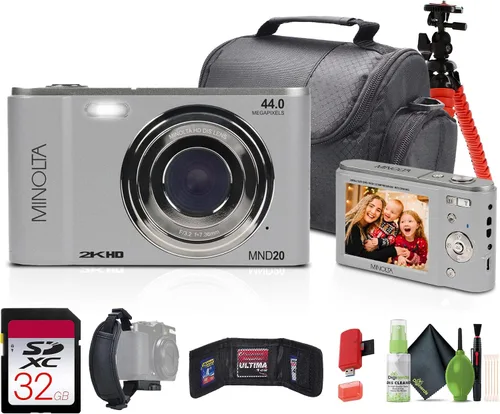 Miniatura 7 de Minolta MND20 Cámara digital Quad HD de 44 MP / 2.7K (negro) + tarjeta de memoria de 32 GB + trípode flexible de 12 pulgadas + cartera de tarjetas