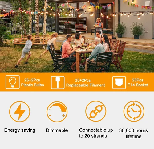 Miniatura 5 de ZOTOYI Guirnalda de luces para exteriores, luces de bistró de 25 pies con 13 bombillas LED ST38 inastillables, tira de luces conectables