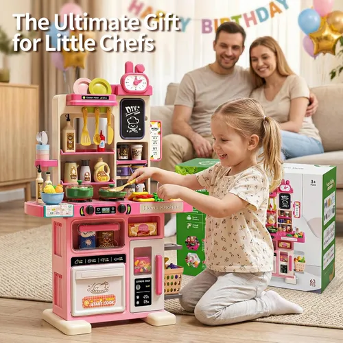 Miniatura 8 de Juego de cocina para niños de 33.8 pulgadas con sonido y luz, estufa de cocina con vapor, fregadero de juegos y accesorios de cocina de juguete, Rosa