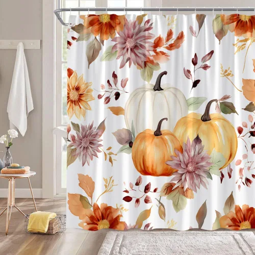 Cortina de ducha de calabaza bohemia con acuarela, hojas florales, rústico, otoño, cosecha, granja, temporada, decoración de baño, juegos de baño