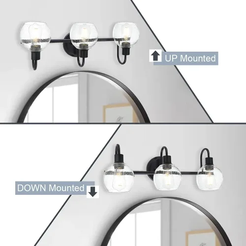 Miniatura 3 de Modernas Bombillas de Luz de Tocador de 3 Luces en Negro, Iluminación de Baño de Granja de Metal con Globo de Vidrio Semiesférico para Pasillo