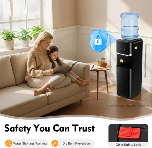 Miniatura 5 de Dispensador de agua de carga superior, dispensador de agua caliente, fría y cálida con bloqueo de seguridad para niños y armario de doble nivel
