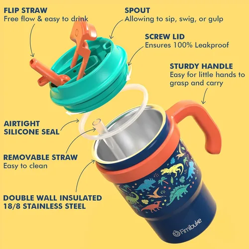 Miniatura 7 de Fimibuke Vaso aislado para niños de 16 onzas con asa y pajillas, paquete de 2 vasos de acero inoxidable 18/8 sin BPA con tapas 2 en 1, a prueba