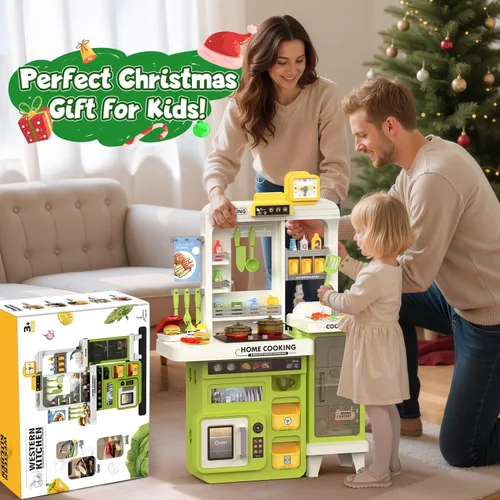 Miniatura 6 de Juego de cocina para niños, 68 piezas, juego de cocina para niños pequeños de 1-3, 3-5, cocina de juego de 32.2 pulgadas con pulverización, luz