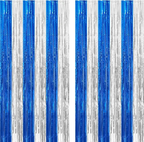 Paquete de 2 cortinas de flecos de papel de aluminio azul y plateado, accesorios para cabina de fotos, telón de fondo de oropel para graduación,