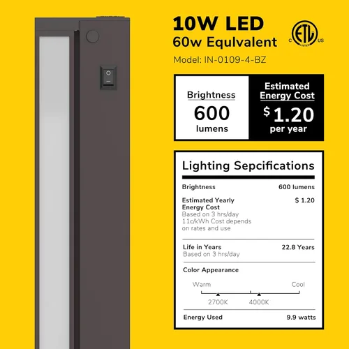 Miniatura 2 de GETINLIGHT Iluminación LED giratoria regulable para debajo del gabinete, blanco seleccionable 2700K/ 4000K, 16 pulgadas, solo enchufado, acabado