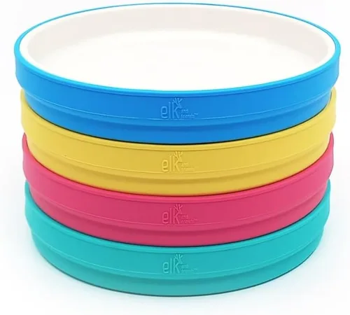 Miniatura 10 de Elk and Friends Platos blancos de porcelana para niños de 7.8 pulgadas con fundas de silicona, adecuados para bebés/niños pequeños, aptos