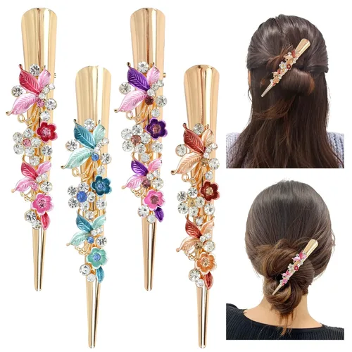 Dizila Paquete de 4 pinzas de metal grandes y largas con diamantes de imitación brillantes, flores, mariposa, pico de pato, pasadores, accesorios