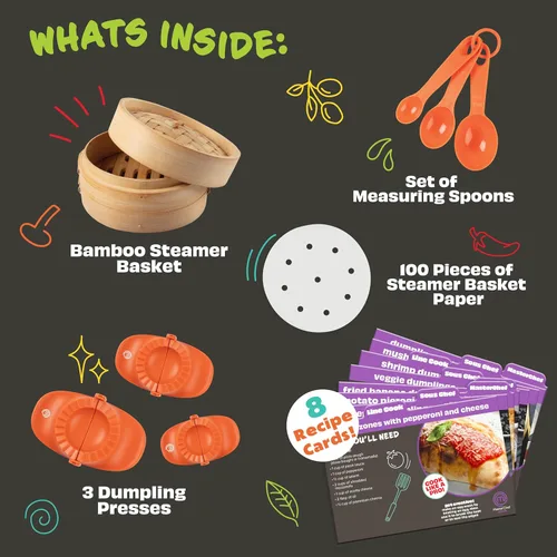 Miniatura 3 de MasterChef Junior Juego para Hacer Dumplings para Niños - Kit de 5 Piezas - Utensilios de Cocina Reales Incluye Recetas, Canasta de Vapor, Molde