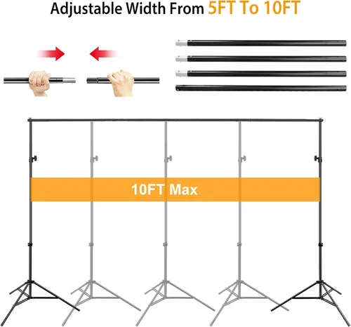 Miniatura 3 de Kit de soporte de fondo ajustable de 10 pies, sistema de soporte de fondo de fotografía de alta resistencia con abrazaderas y bolsa de transporte