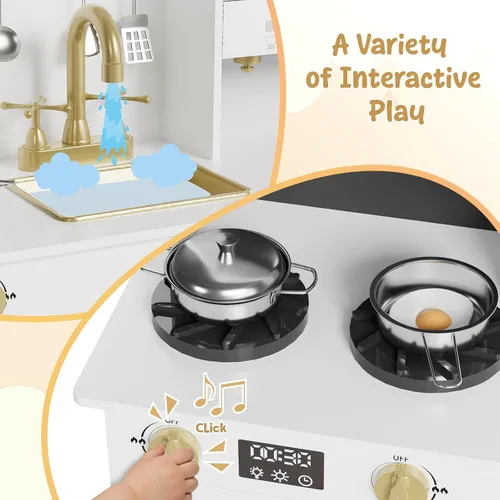 Miniatura 3 de MAMIZO Cocina de juego para niños, cocina de juguete de simulación de madera, juego de cocina Toodler, estufa con luz y sonido, fregadero, Blanco