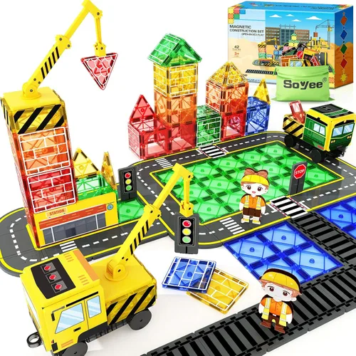 Soyee Azulejos Magnéticos Juguetes de Construcción Magnética con 2 Grúas Juguetes para Niños para Edades 3-5 5-7 Bloques de Construcción Magnética