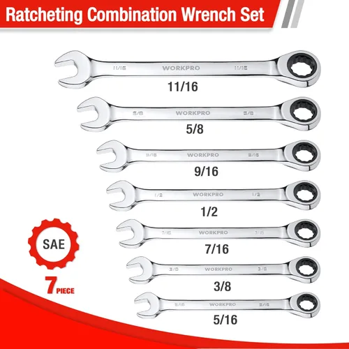 Miniatura 2 de WORKPRO Juego de llaves combinadas de trinquete de 7 piezas, 72 dientes, construcción Cr-V, juego combinado de llaves de trinquete con bolsa