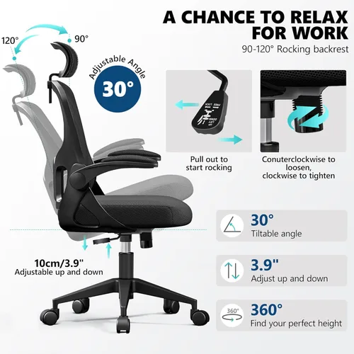 Miniatura 5 de Silla de oficina ergonómica, silla de escritorio de malla con reposacabezas ajustable y soporte lumbar, silla de computadora con ruedas con Negro