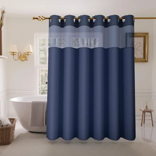 Miniatura 15 de Inhousolu - Cortina de ducha sin gancho con juego de forro de tela a presión, tejido waffle 230 GSM dobladillo con peso, impermeable y lavable