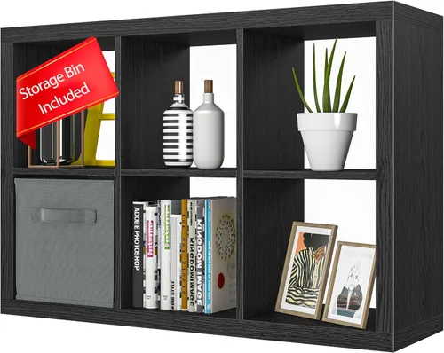 Estantería con contenedor de almacenamiento, organizador de almacenamiento de 6 cubos, estantería abierta de madera moderna, estante de exhibición