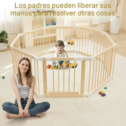 Miniatura 8 de Corralito para bebés, corralito para bebés y niños pequeños, patio de juegos plegable de madera con puerta, centro de actividades ajustable