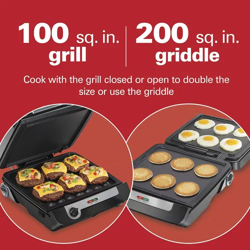 Miniatura 3 de Hamilton Beach - Combo de parrilla interior y plancha eléctrica 4 en 1 con cocina de tocino, se abre plana para doble superficie de cocción, placas