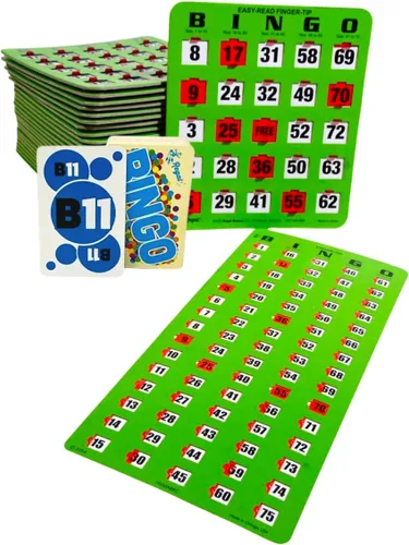 Regal - Juego de bingo para adultos y niños, 50 tarjetas de bingo con ventanas deslizantes, tarjetas de bingo reutilizables y grandes, 1 tablero