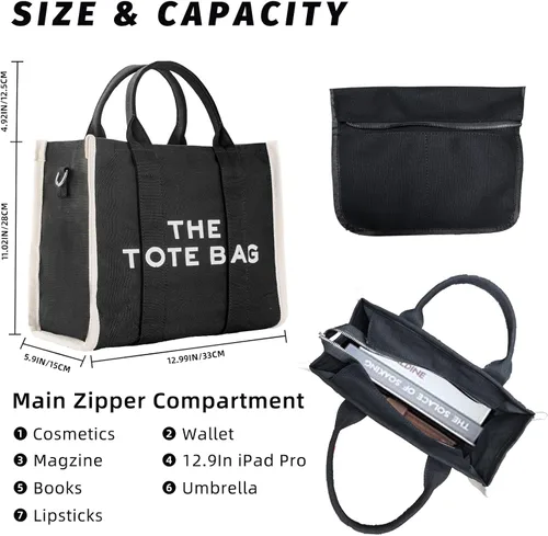 Miniatura 4 de The Tote Bag for Women, CanvasLeather Tote Purse Crossbody Bags with Zipper Sturdy HandBag for School, Travel