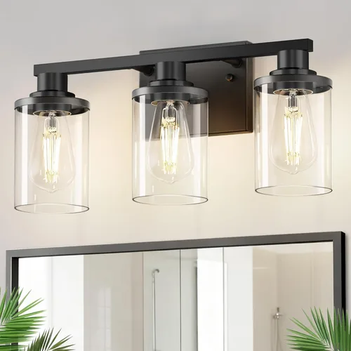 Miniatura 62 de DORESshop Lámparas de baño, 3 luces negras y doradas para baño sobre espejo con pantalla de vidrio transparente, luces de tocador para baño, Negro