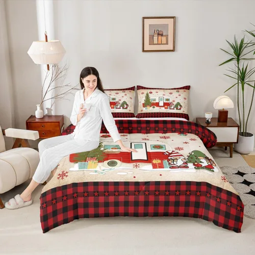 Miniatura 38 de Juego de edredón de Feliz Navidad para niños, tamaño twin, juego de ropa de cama de camión rojo árboles de pino copos de nieve, decoración