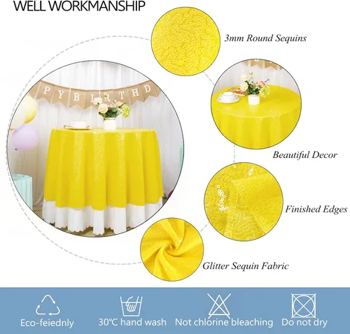Miniatura 4 de DUOBAO Mantel Redondo Amarillo de 60 Pulgadas Mantel de Mesa con Lentejuelas Decoración de Cumpleaños Manteles con Lentejuelas Manteles de Mesa