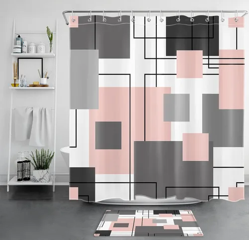 Miniatura 26 de LB Cortina de ducha geométrica a rayas grises y blancas, cortinas de ducha abstractas de mediados de siglo verde salvia para baño, 72 x 72 pulgadas
