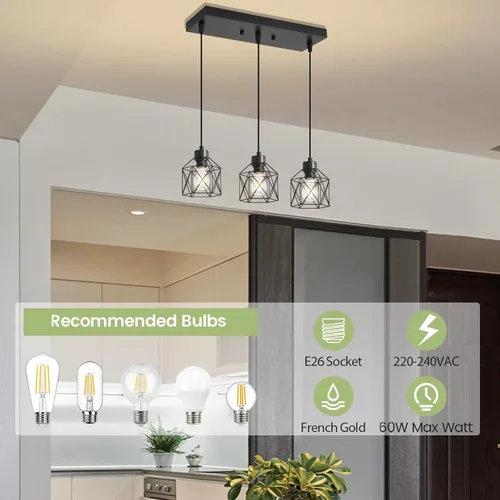 Miniatura 2 de Lámpara colgante de 3 luces, lámpara colgante de isla de cocina de granja, iluminación colgante industrial para comedor, dormitorio, pasillo