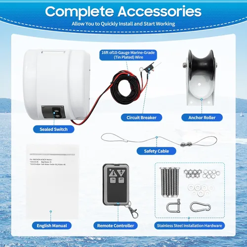 Miniatura 7 de Cabrestante de anclaje eléctrico de 12 V con control remoto, ancla de agua salada marina para lancha de pesca, lancha pontón (45 libras/blanco)