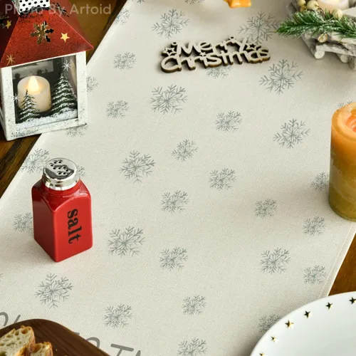 Miniatura 3 de Artoid Mode - Camino de mesa beige con diseño de árbol de pino y copos de nieve, «Feliz Navidad», decoración de mesa de comedor para fiestas