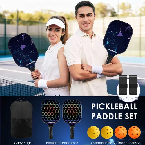 Miniatura 7 de Juego de 2 palas de pickleball de fibra de vidrio, 2 raquetas de pickleball, 4 bolas, 2 agarres y 1 bolsa de transporte portátil, paquete de 2