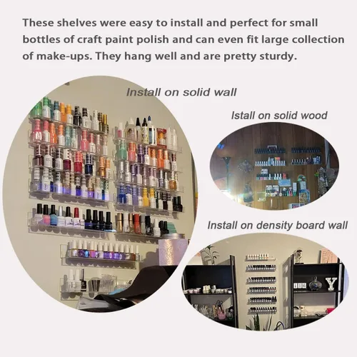 Miniatura 9 de Juego de 6 soportes acrílicos para esmalte de uñas, montado en la pared, organizador de botellas de aceite esencial de lápiz labial, estante